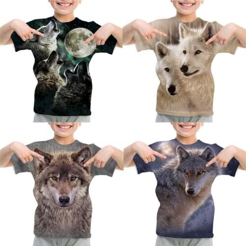 Children 3D T shirt 2021 Summer Animals Wolf Printed T-shirt O-Neck Short Sleeve Tshirt Boys Girls T-shirt Kids Fashion Tee Tops