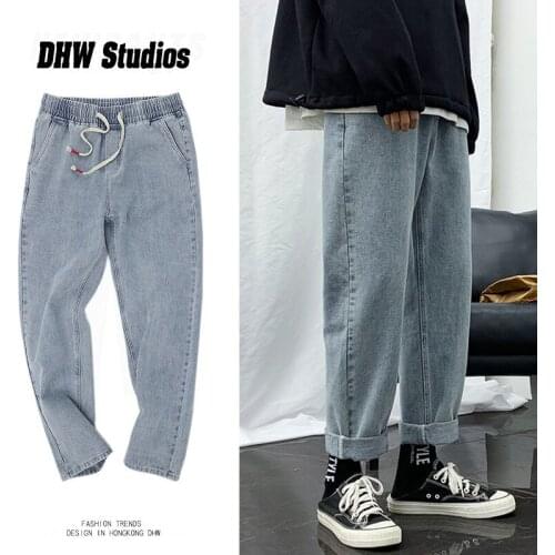 Jeans For Men Elasticized Waist Loose-fitting Straight Leg Pants For Teens Casual Elasticized Hip Hop Wide Leg Long Vintage Jean