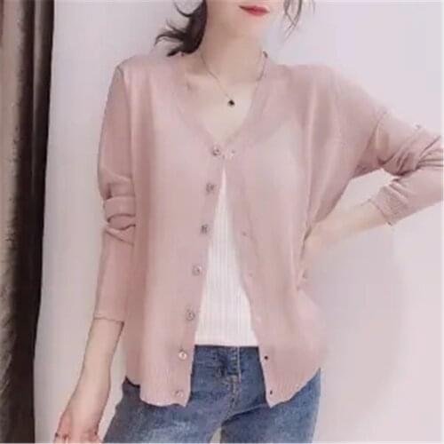 2021 Women Simple Solid Purple Cardigan Summer Autumn Thin Silk Knitted Cardigans Female Casual Loose Sweater Coat Jacket ZY5769