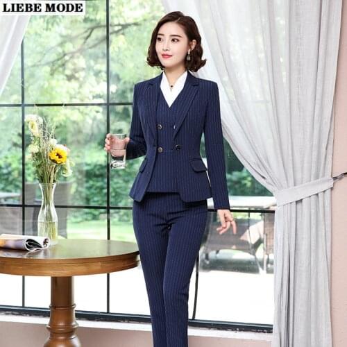Ol Women Blazer and Pants Set Two Piece Uniform Outfits Ladies Jacket Coat Trousers Business Formal Navy Blue Stripe Elegant