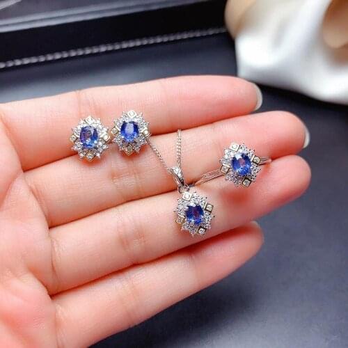 Best Quality Natural And Real Sapphire Set 925 Sterling Silver 1pc Sapphire Ring,2pcs Sapphire Earring,1pc Sapphire Pendant