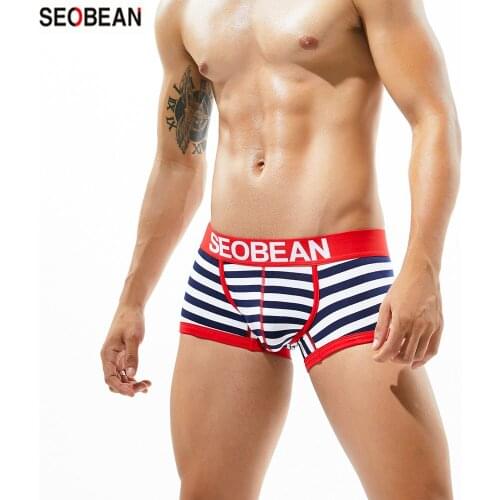 SEOBEAN Mens Underwear New Gentlemens Striped Cotton Breathable Low-waist U-pouch Bag Design Push Up Sexy Body Shaping Boxers