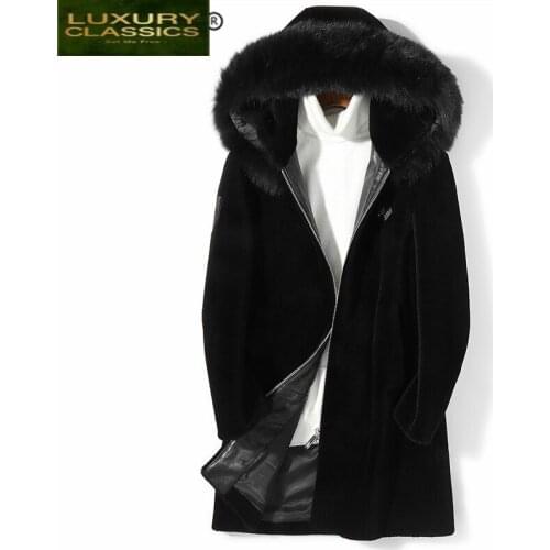 Men Winter Fashion Coat Thick Warm Real Fur Coat Large Fox Fur Hooded Clothes 2021 Long Sheep Shearling Jacket Hiver 7106