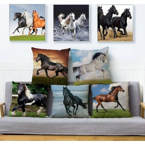 Running Horse Print Throw Pillow Cover 45*45cm Square Cushion Covers Linen Pillows Cases Sofa Home Decoration Animal Pillow Case