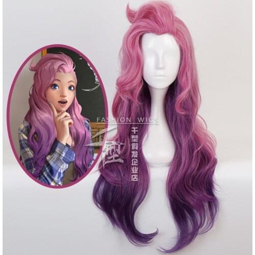 LoL Seraphine Cosplay Wig KDA Cosplay Loose Wave Straight Pink Mixed Purple Wigs Heat Resistant Synthetic Hair Game