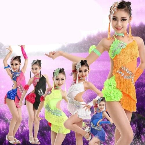 Sequin Fringe tassel latin dance dress for girls salsa kids dresses competition spandex children samba tango costume ballroom
