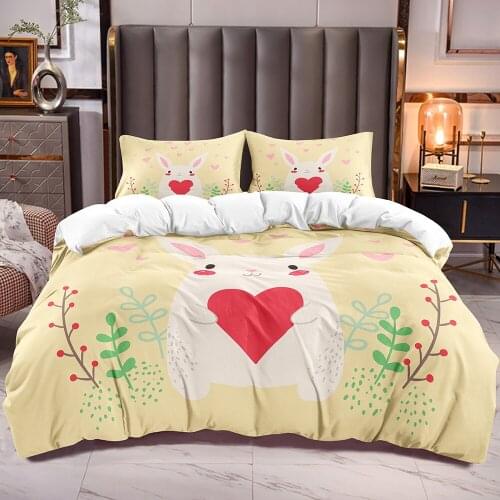 Boys Girls Duvet Cover for Kids with White Rabbit Cartoon Print Pink Love Botanical Bedding Comforter Cover with Zipper Closure