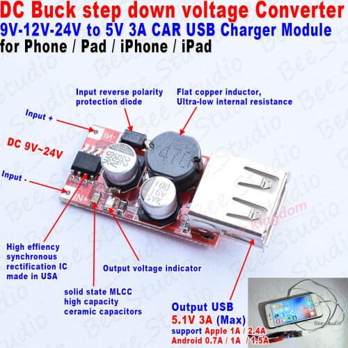 9V-12V-24V to 5V 3A Car USB Charger Module DC Buck step down voltage Converter