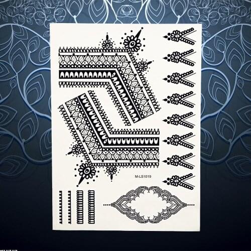 Sexy Henna Waterproof Temporary Tattoo Black Ink Indian Totem Mehndi Tattoo Stickers Flower Lace Earring 20x15CM Jewel Body Art