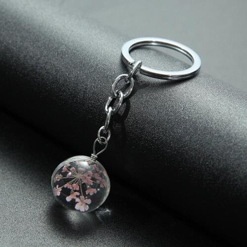SONGDA Lovely Natural Dried Flower Keychain Cherry Blossoms Immortal Flower Four Leaf Clover Crystal Glass Ball Pendant Key Ring
