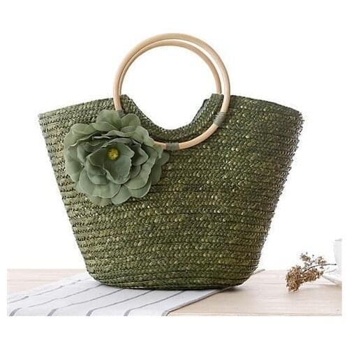 Casual flower rattan large capacity tote round handle wicker woven women handbags summer beach big straw bags bali travel purse