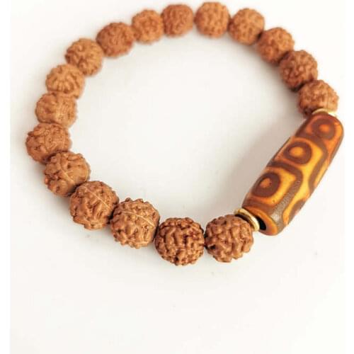 Tibetan Dzi with Rudraksha Bracelet Natural Bodhi Seeds Beaded Stretch Nine Eye Dzi BB-137