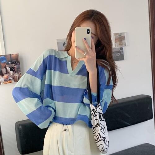 Korean Thin Striped Pullover Knitwear Turn Down Collar Long Sleeve Pull Jumper Drawstring Short Knitted Tops Cotton Polyester