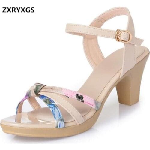 2020 New Summer Spell Colors Printing Cow Leather Shoes High Heel Sandals Sandals Women Wild Elegant Fashion Shoes Woman Sandals