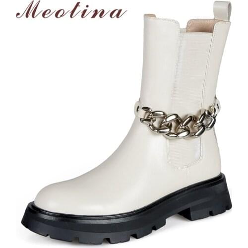 Meotina Women Genuine Leather Ankle Boots Platform Thick Med Heel Chelsea Boots Round Toe Chain Ladies Boots Autumn White Black