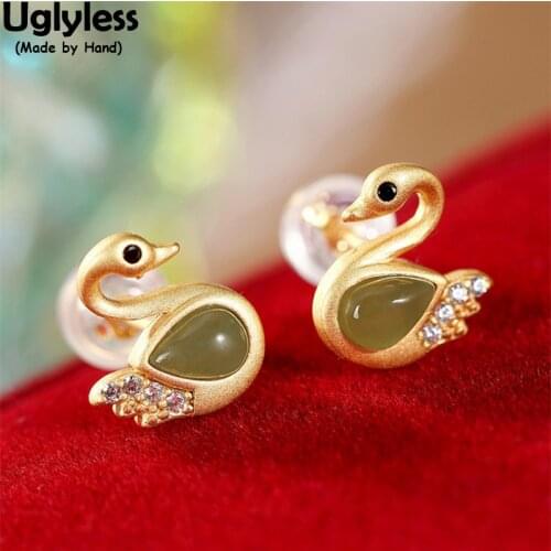 Uglyless Elegant Miss Swans Earrings for Women Water Drop Jade Studs Earrings Anti-fade Gold 925 Silver Animals Brincos Zircons