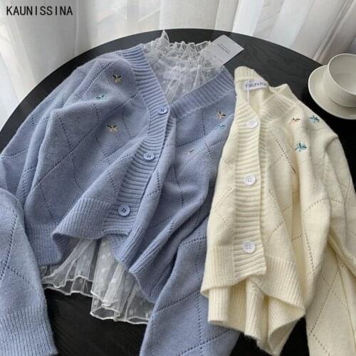 Women Floral Embroidered Knitted Cardigan Sweater Preppy Style Student V Neck Long Sleeve Female Outerwear Chic Tops Cardigans