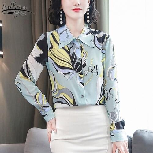 2021 Single-breasted Floral Long Sleeve Plus Shirts 3XL Silk Shirts Printed Blue Wild Top Female Autumn Womans Shirts 10721