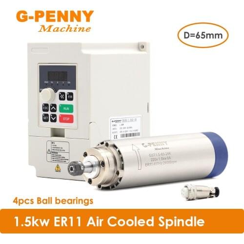 New arrival 1.5kw ER11 air cooled spindle motor 24000rpm air cooling 400Hz 4 bearings 65x204mm & 1.5kw QL VFD/ Inverter