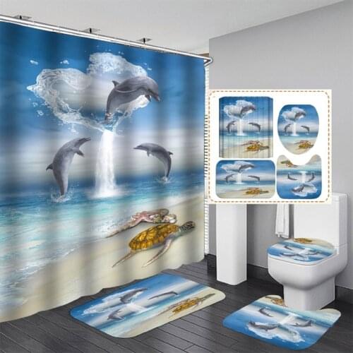 3D Cute Dolphins and Turtles Happy Play Pattern Bathroom Set Shower Curtain Anti-slip Cushion Toilet Cushion U-shaped Cushion