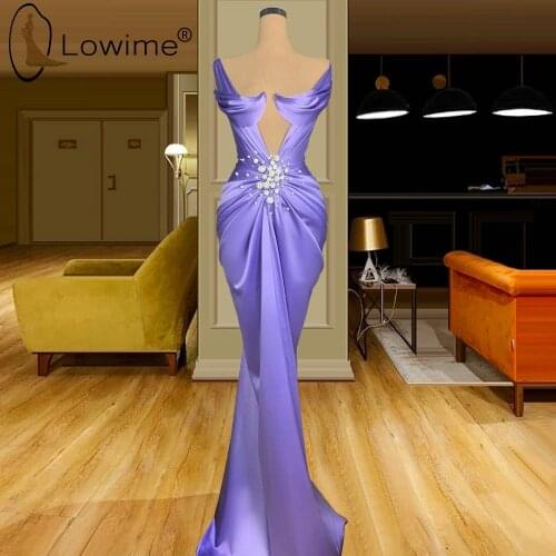 Lavender Mermaid Evening Dresses Ruched Beads Sexy Deep V Neck Satin Evening Gowns