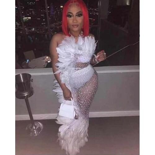 White Pearls Feather Mesh See Through Long Dress Singer Stage Wear Lady Elegant Wedding Evening Gown Formal Party Birthday Dress