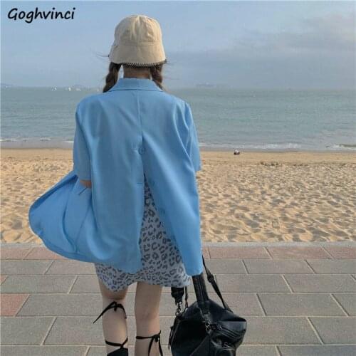Blazer Women Fashion Back-Slit Design Short Sleeve Outwear Summer New Arrival Korean Style Baggy Double Breasted Candy Sun-proof