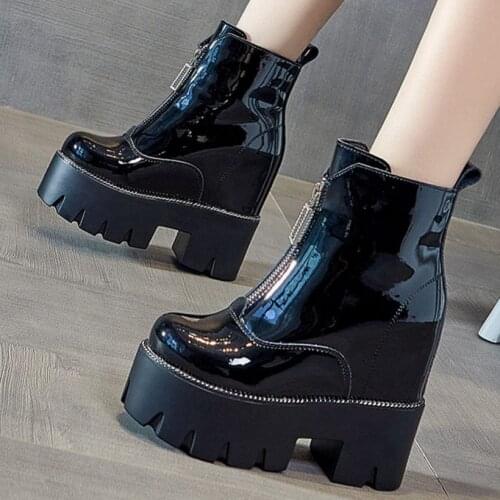 Punk Goth Women Bright Genuine Leather Platform Wedge Ankle Boots High Heel Round Toe Oxfords Party Pumps 34 35 36 37 38 39