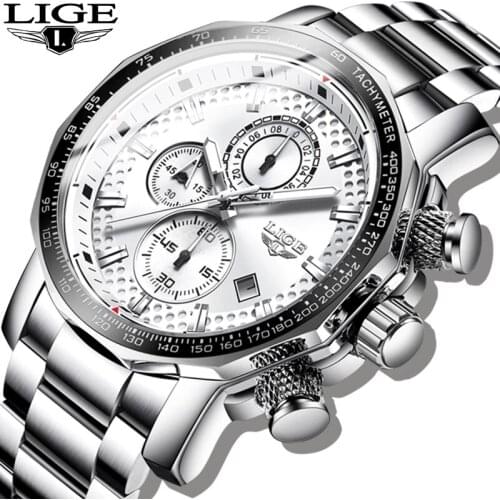 LIGE Fashion Mens Watches Top Brand Luxury Silver Big Dial Watch Men Military Sports Quartz Chronograph Wristwatch Dropshipping