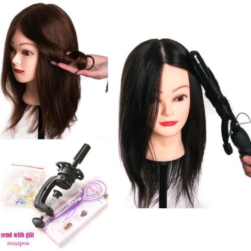 Human Hair Head Dolls for Hairdressers 16'' Brown Training Head Professional Mannequin Can be Curled with Gift