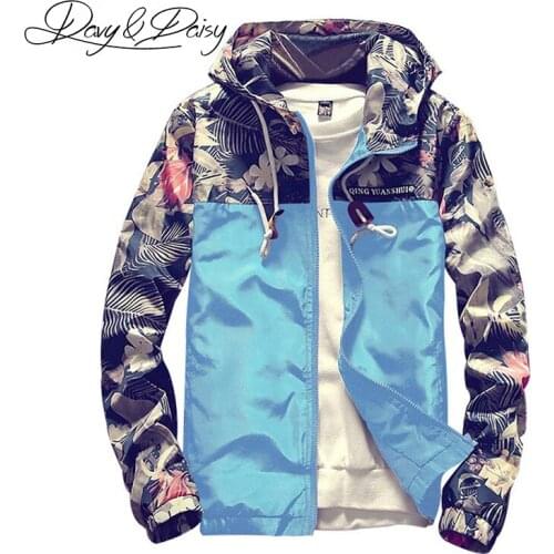 DAVYDAISY Mens Bomber Jacket Korean Style Slim Fit Floral Print Patchwork Hooded Casual Hip Hop Coat Men Brand Clothing DCT-196