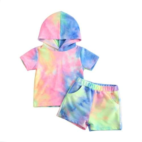 2Pcs Children Boys Girls Tie Dye Sets Short Sleeve Hooded Pullover Top Elastic Shorts Infant Toddler Summer Casual Suit 12M-5T