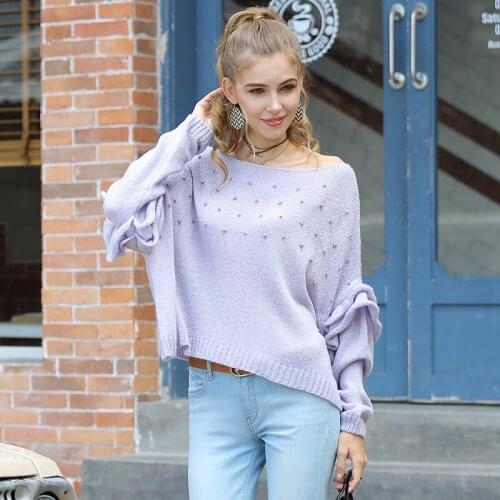 Womens Slash Collar Sweater 2020 Spring Autumn Womens Sweater Flat Shoulder Tops Beading Knitted Flare Sleeve Pullover Jumpers