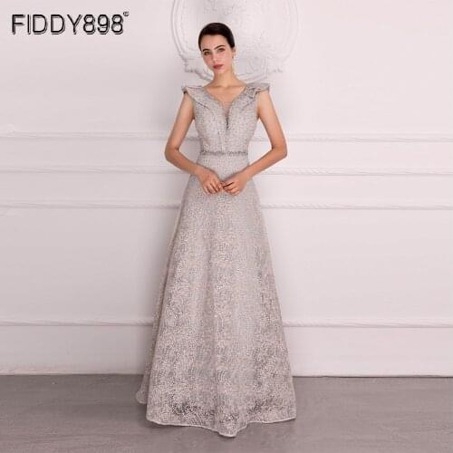 A-Line V-Neck Elegant Long Dress Women Beaded Lace Evening Gowns For Party Formal Abendkleid Robe De Soiree 2020 ASA-0150