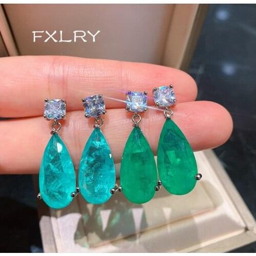 FXLRY Elegant Green/Blue Micro inlay Cubic Zircon Water Drop Shape Earrings For Women Wedding Party Jewelry