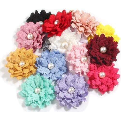60Pcs 7.5cm 3" Headwear Satin Fabric Flowers Boutique For Baby Girls Headbands With Pearl Center For Hair Accessories