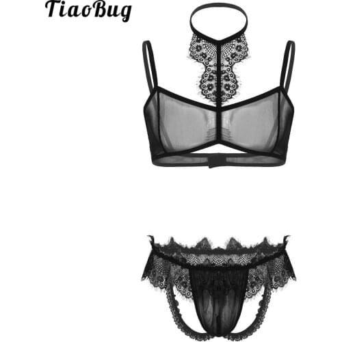 TiaoBug 2Pcs Mens Gay Sissy See Through Sheer Mesh Lace Trim Lingerie Set Halter Neck Bra Top With Jockstrap Briefs Underwear
