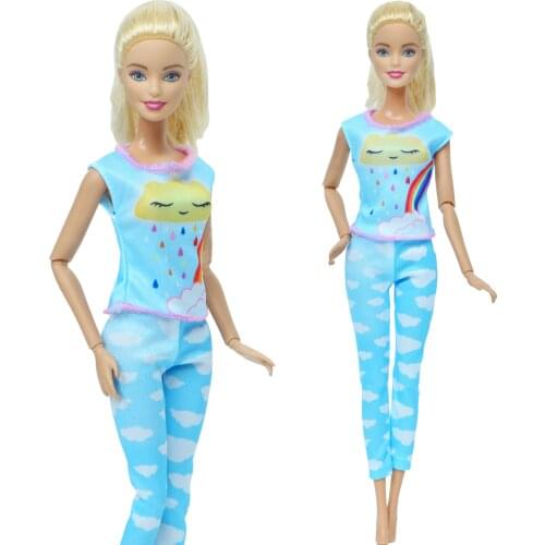 Cute Handmade Doll Outfit Pants Blue Trousers Rainbow Pattern Daily Casual Wear Blouse Shirt Clothes for Barbie Doll Accessories