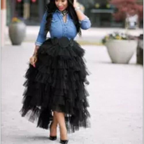 Fashion Black Tiered Ruffles High Low Tulle Skirts For Pretty Women 2017 Faldas Mujer Saias Elastic Custom Made Long Tulle Skirt