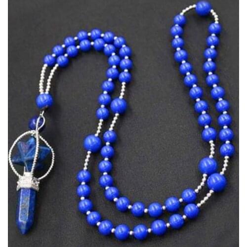 Trendy-beads Unique Silver Plated Lapis Lazuli Hexagong MerKaBa Pendant Strand Beads Chain Necklace
