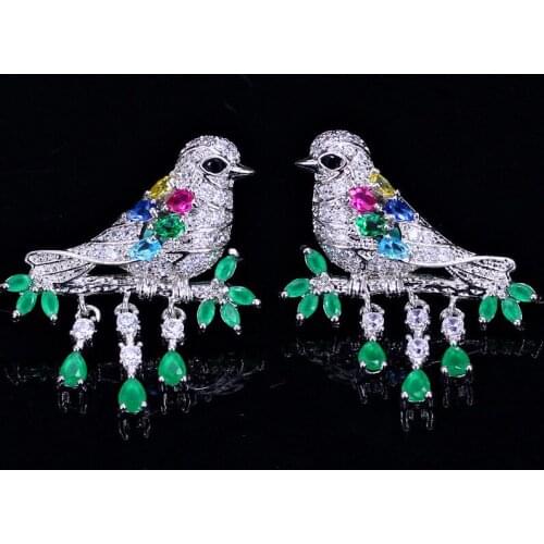 Fashion Bird Tassel Earrings For Women Pave Cubic Zirconia Creative Earring 925 Silver Needle Earrings Necklaces Sets