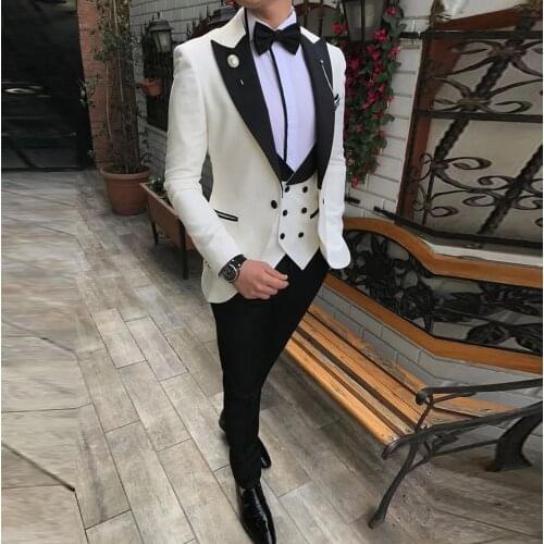 Men Suits 3 Pieces Slim Fit Business Suits Groom Champagne Noble Grey White Tuxedos for Formal Wedding suit (Blazer+Pants+Vest)