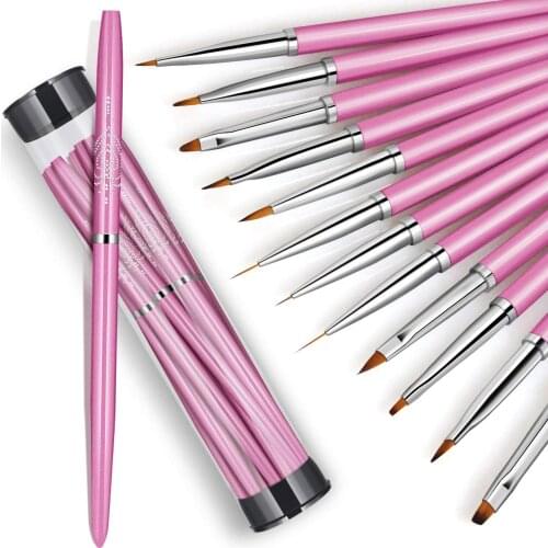12 Pcs Nail Art Brush Set Nail Art Painting Drawing Pen Builder Flat Gradient Line UV Gel Acrylic Tips Design Manicure Tools