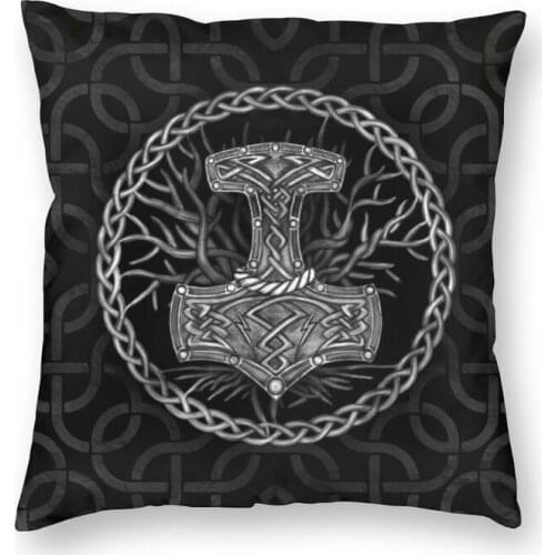 The Hammer Of Thor Tree Of Life Vikings Square Throw Pillow Cover Home Decor Print Viking Mjolnir Symbol Cushion Cover for Sofa