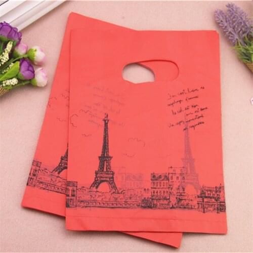 2021 New Design Wholesale 100pcs/lot 20*25cm Red Luxury European Eiffel Tower Packaging Bags Medium Shopping Plastic Gift Bags