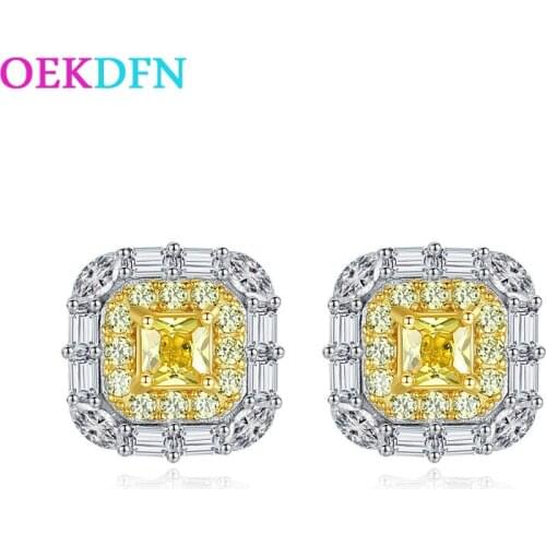 OEKDFN 100% 925 Sterling Silver Stud Earrings Created Moissanite Citrine Gemstone Ear Studs Wedding Engagement Fine Jewelry