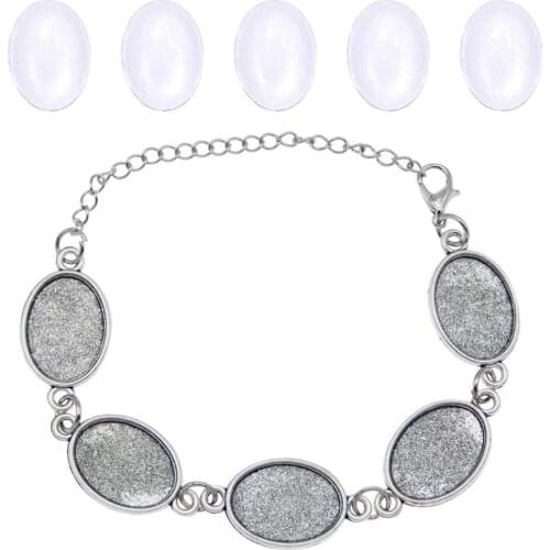 Fit 18*13mm Oval Cabochons Antique Silver Connector Base Bracelet Setting Bezel Blank Base With Glass For DIY Making Bangle