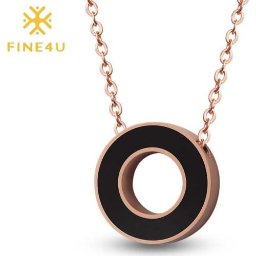 FINE4U N390 Black Shell Round Circle Pendant Necklace Rose Gold Color Stainless Steel Initial Necklaces For Women Girls Gifts
