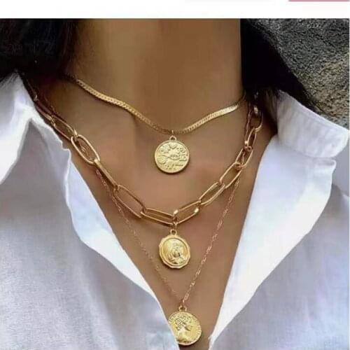 Retro Punk Multilayer Engraved Coin Necklace Ladies Gold Cuban Thick Pendant Necklace Jewelry Wholesale 2021 New Products