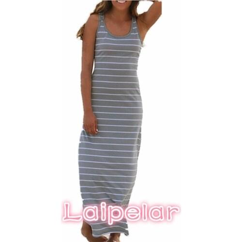 Sexy Women Plus Size Maxi Long Dress Summer Style Ladies Beach Vest Dress Striped Boho Long Sleeveless Casual Dress M0095